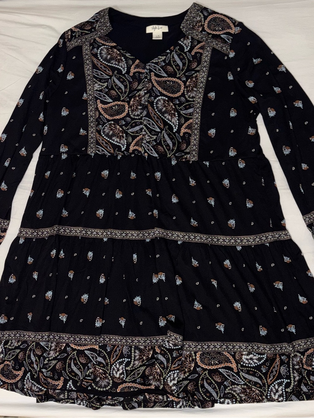 Style & Co. Women’s Black Paisley Tiered Long-Sleeve Dress